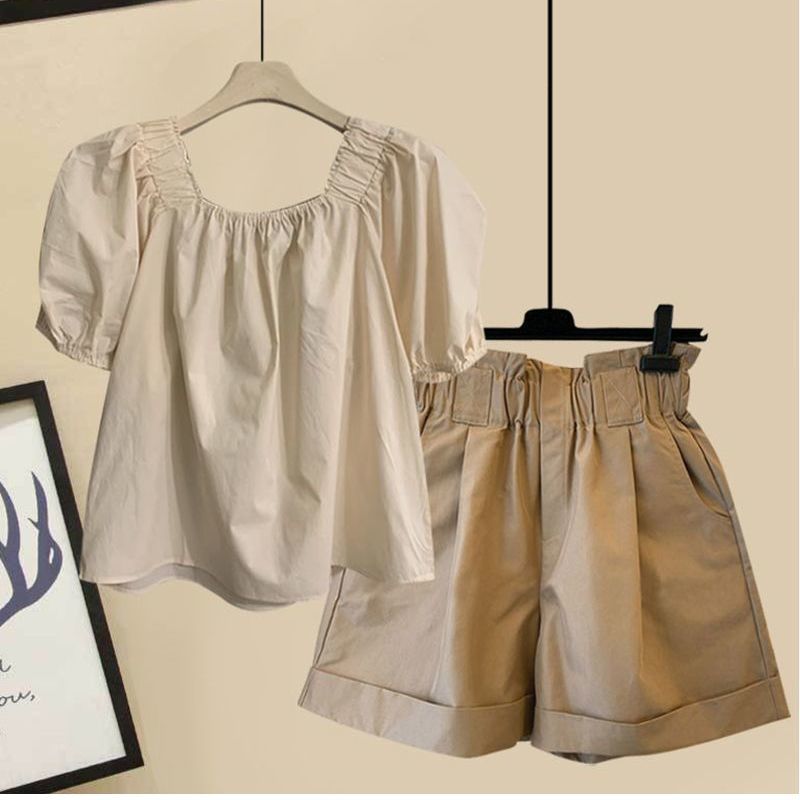 【單品可選】方領寬鬆泡泡袖襯衫+寬鬆高腰顯瘦工裝短褲套裝