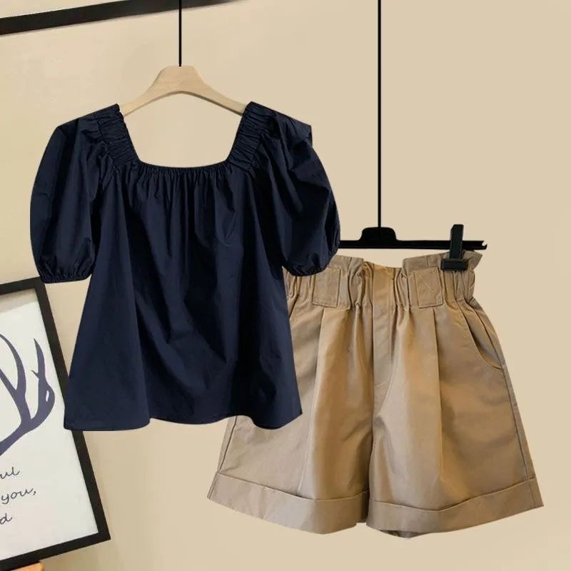 【單品可選】方領寬鬆泡泡袖襯衫+寬鬆高腰顯瘦工裝短褲套裝