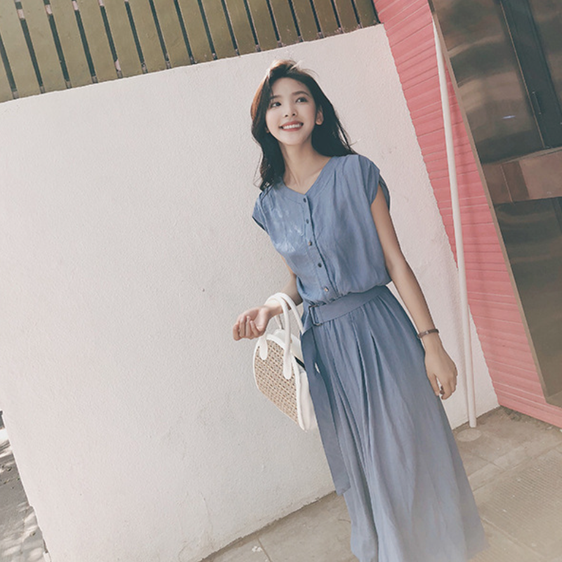韓系優雅 OL穿搭 素面 短袖 高腰 Ａ字裙 壓褶 休閒長洋裝