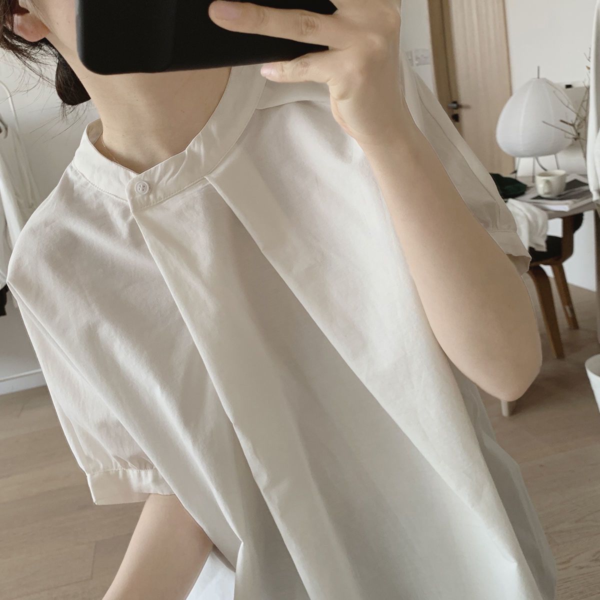 韓系chic 立領 壓褶 不規則 素面 簡約 襯衫