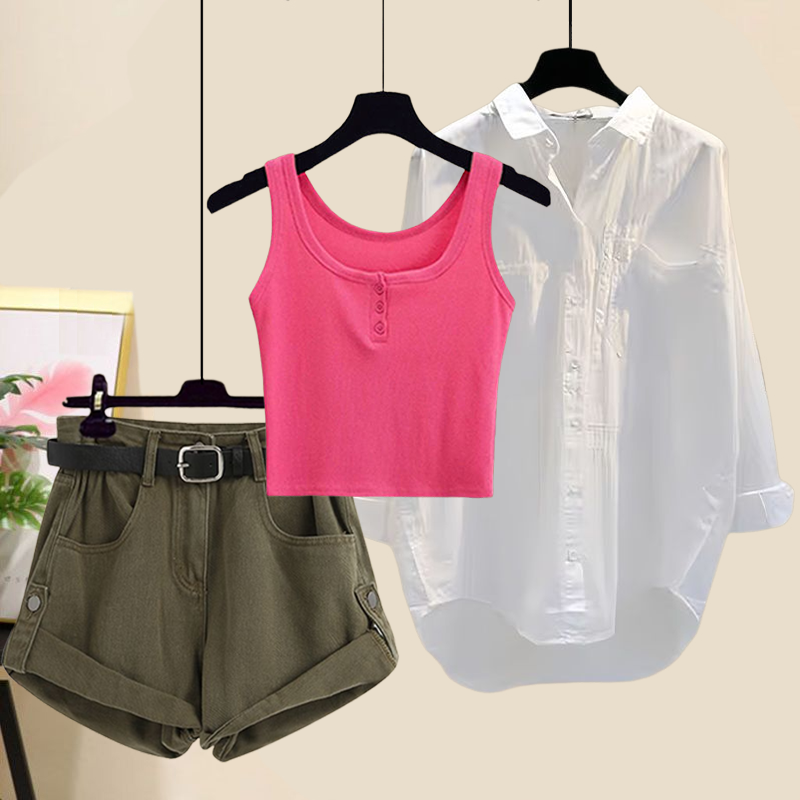 【穿搭一整套】整套特價$1165 韓版優雅風簡約復古紐扣背心+百搭襯衫+捲邊牛仔短褲套裝