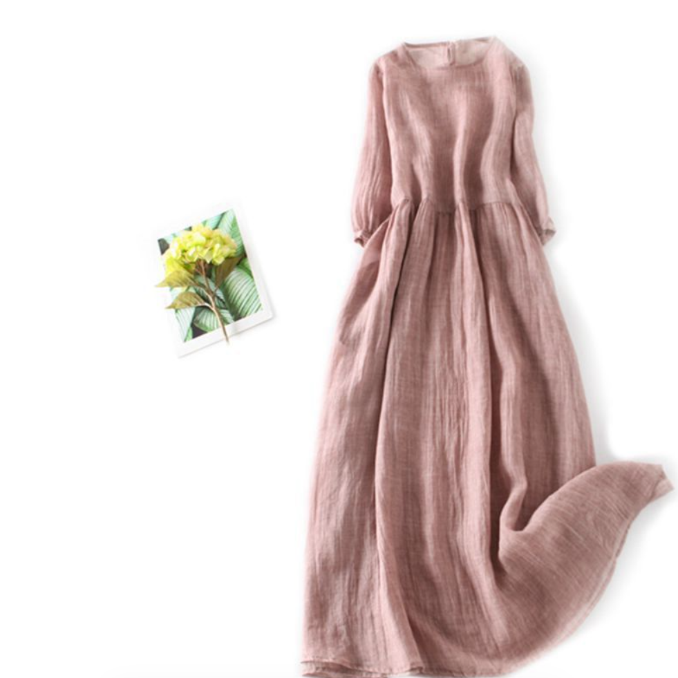 洋裝 日系 棉麻 洋氣 高級 飄逸 亞麻 大擺長裙 棉麻洋裝