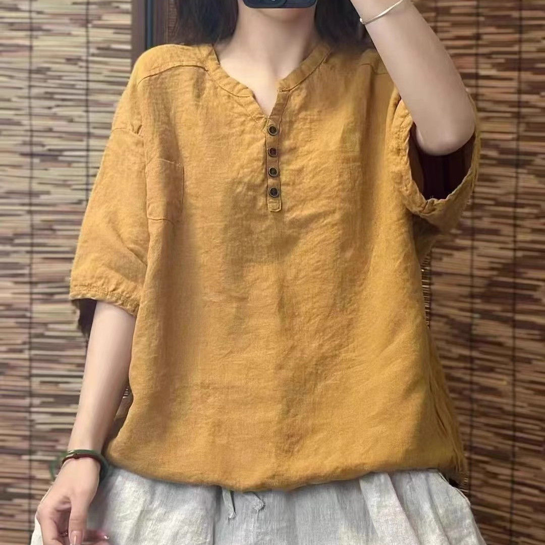 文藝 棉麻 刺繡 立領 寬鬆 百搭顯瘦 薄款 五分袖 襯衫