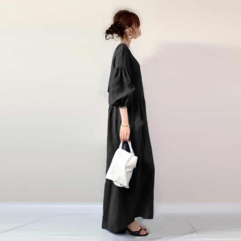 日系 純色顯瘦 燈籠袖 圓領 蛋糕裙 長款 休閒洋裝