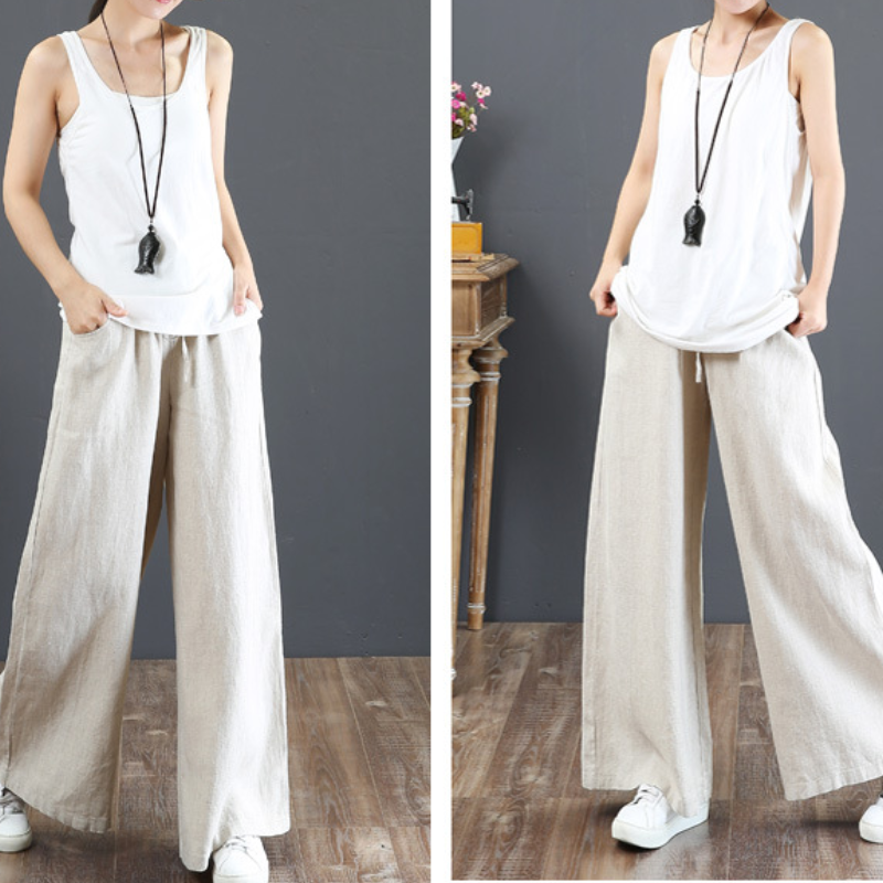 簡約好搭 純色 高腰 直筒褲 大尺碼 寬鬆 棉麻 寬褲