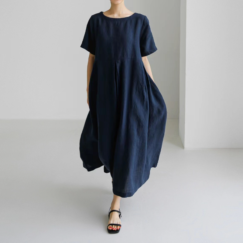 日韓版純色棉麻圓領寬鬆洋裝 寬鬆大碼韓版棉麻風純色過膝長裙大擺裙