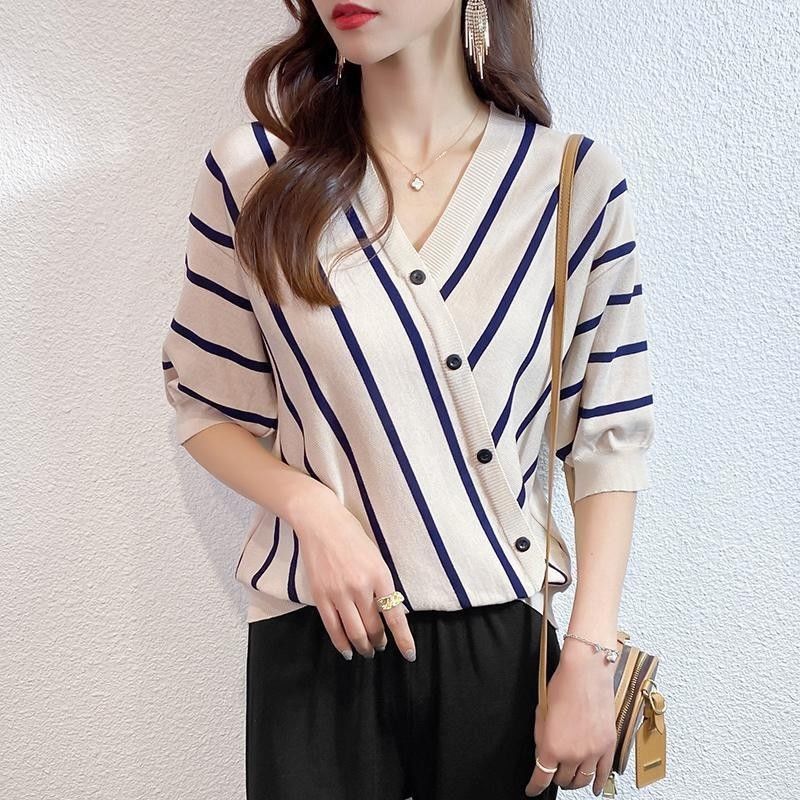 冰絲五分袖針織衫 條紋短袖t恤 寬鬆港風日系半袖上衣 夏新款v領薄IG潮