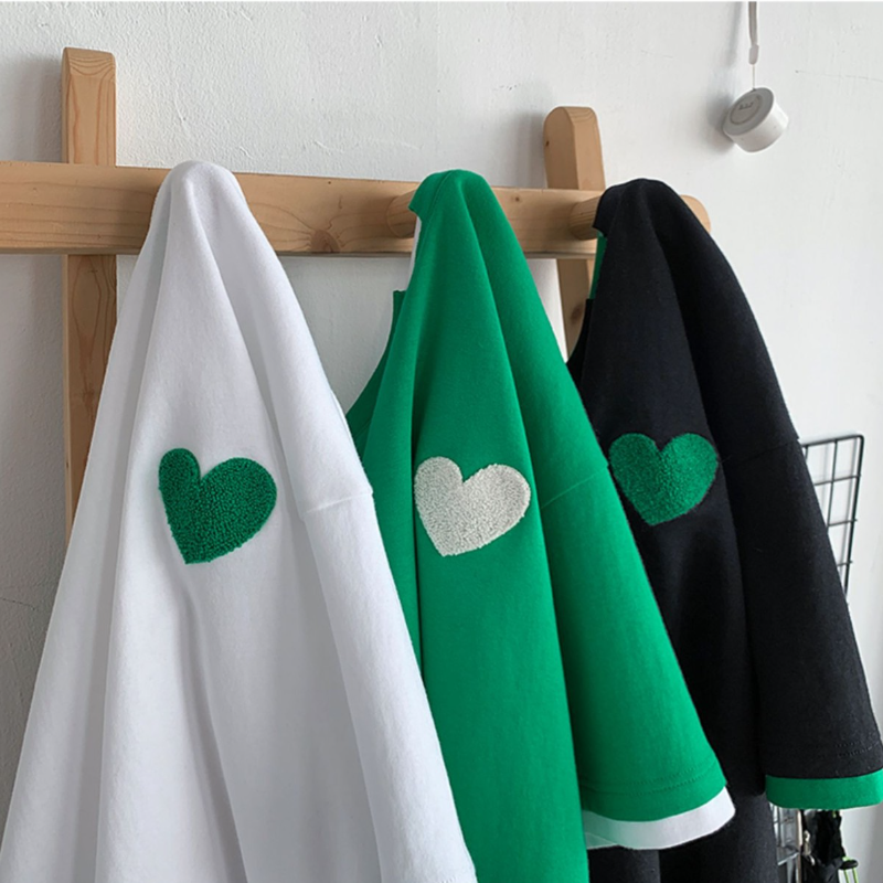 愛心 刺繡 假兩件短袖 T恤 設計感 小眾 閨蜜 情侶裝 半袖 上衣