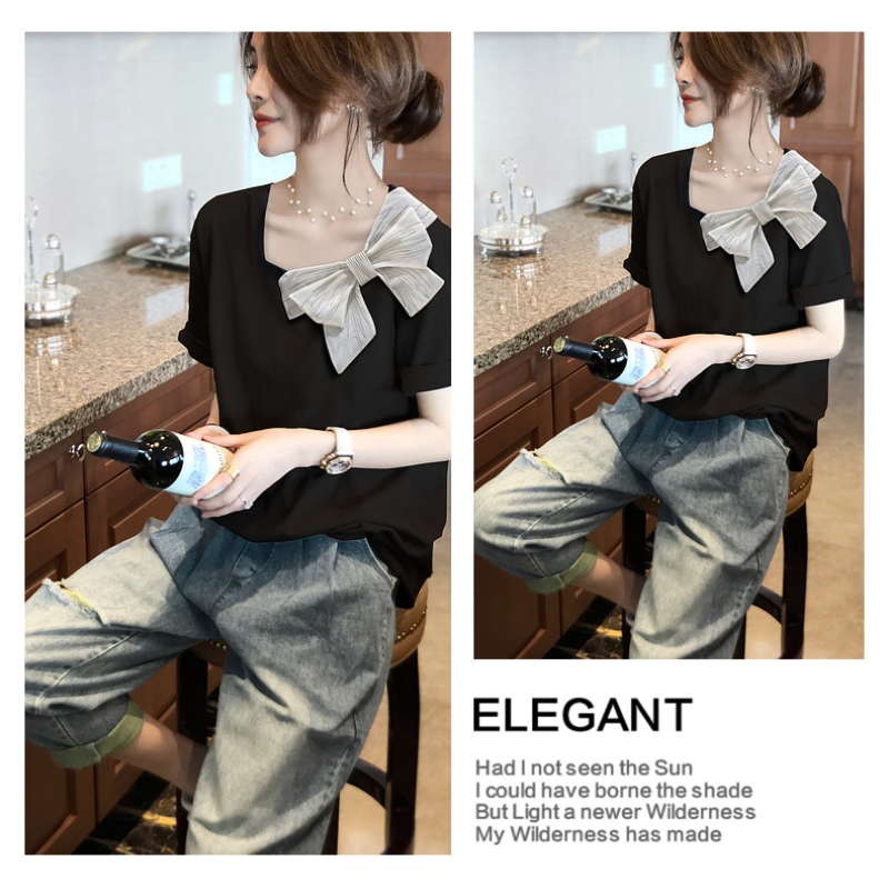 M-4XL蝴蝶結黑色短袖小方領T恤女設計感小眾氣質減齡上衣