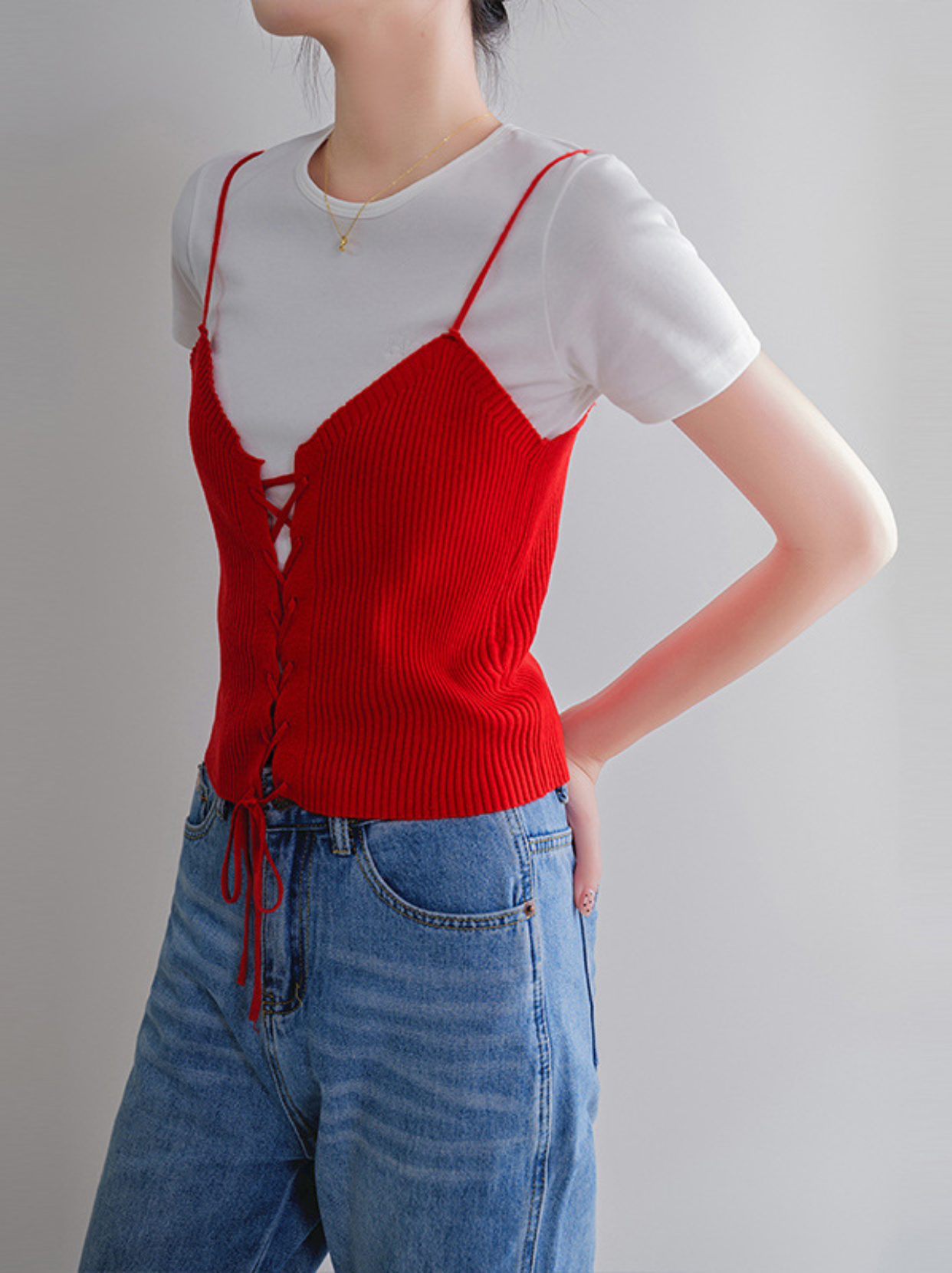 紅繩針織 設計感綁帶 細肩帶背心
