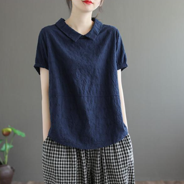 鏤空蕾絲文藝復古寬鬆顯瘦娃娃領短袖T恤 法式99支純細支亞麻襯衫