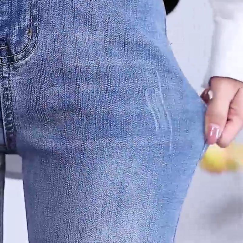 韓版東大門自訂大尺碼女裝 顯瘦褲子高腰彈力破洞牛仔褲女九分褲潮