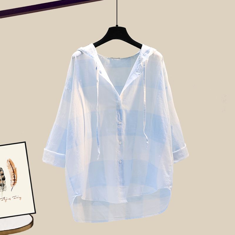 【單品可選】氣質百搭格紋連帽襯衫+簡約遮肉背心+高腰破洞牛仔褲套裝