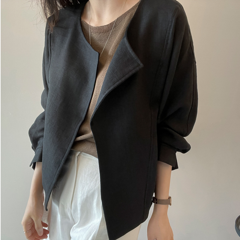 韓國chic 開襟 純色 簡約 薄款 袖口 開叉 長袖 短外套 罩衫外套