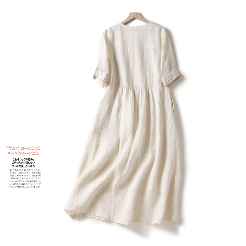 復古 設計感 風琴褶 洋裝 文藝 純色V領 苧麻 清涼 顯瘦 長裙