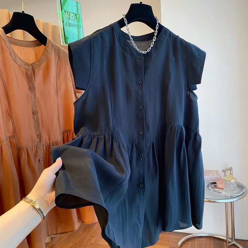 韓版 寬鬆 休閒 輕奢 小眾 天絲 中長下擺 蓬蓬 無袖 襯衫
