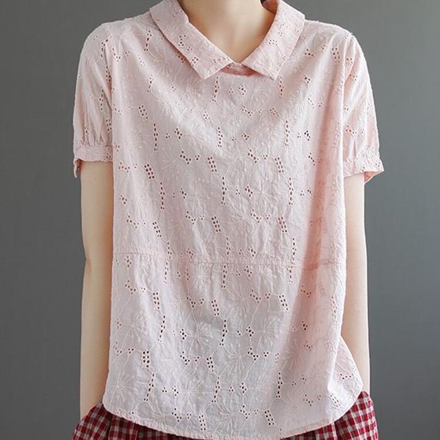 鏤空蕾絲文藝復古寬鬆顯瘦娃娃領短袖T恤 法式99支純細支亞麻襯衫