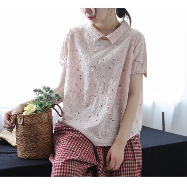 鏤空蕾絲文藝復古寬鬆顯瘦娃娃領短袖T恤 法式99支純細支亞麻襯衫