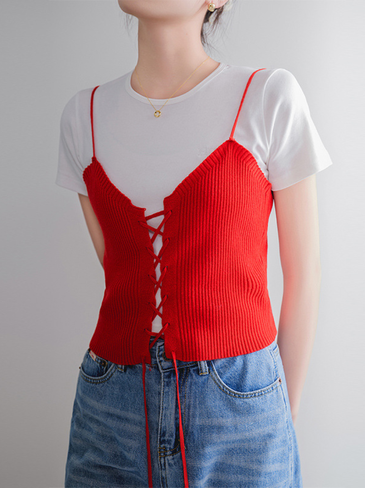 紅繩針織 設計感綁帶 細肩帶背心