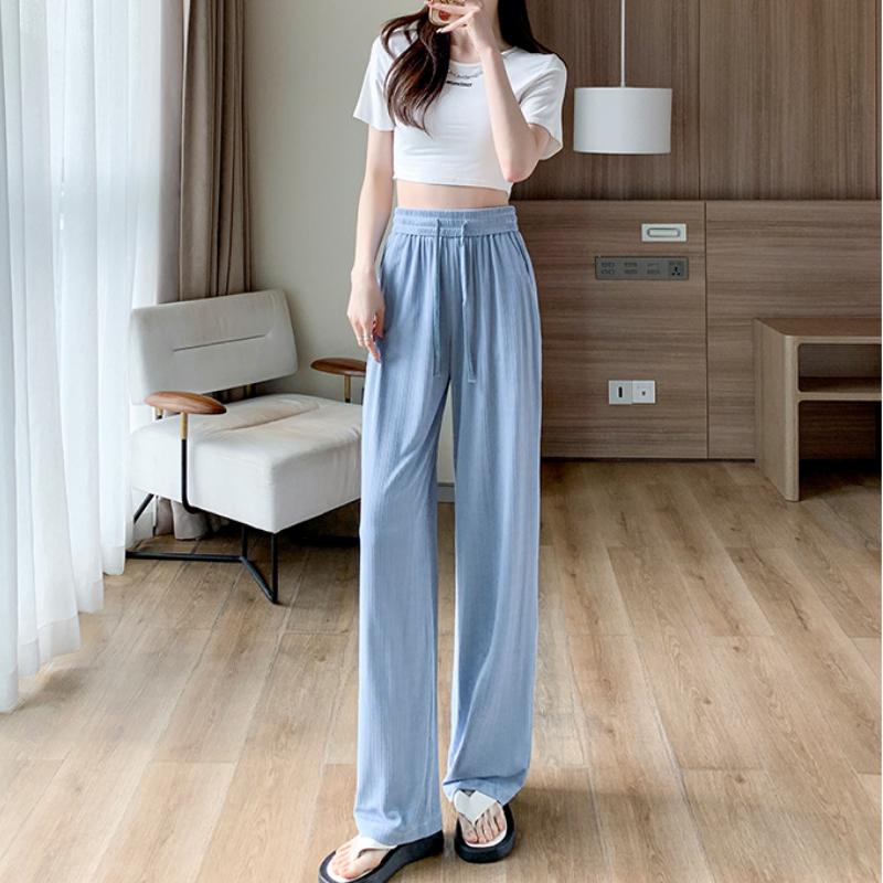 淺綠色 冰絲 闊腿褲 防蚊  高腰 垂感 窄版 直筒 涼涼褲 寬褲