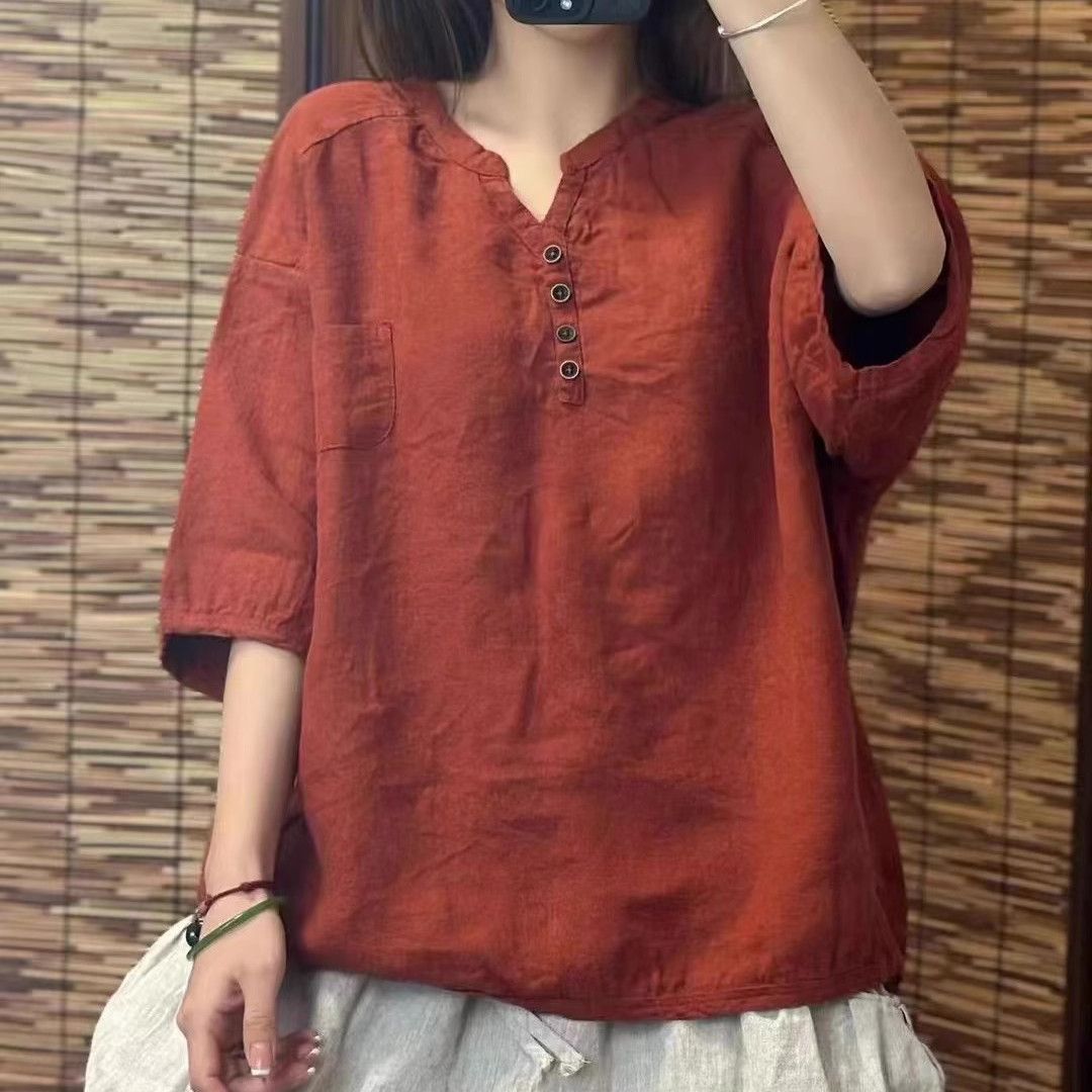 文藝 棉麻 刺繡 立領 寬鬆 百搭顯瘦 薄款 五分袖 襯衫
