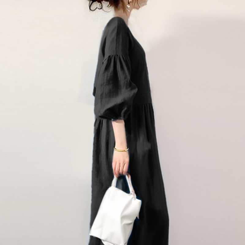 日系 純色顯瘦 燈籠袖 圓領 蛋糕裙 長款 休閒洋裝