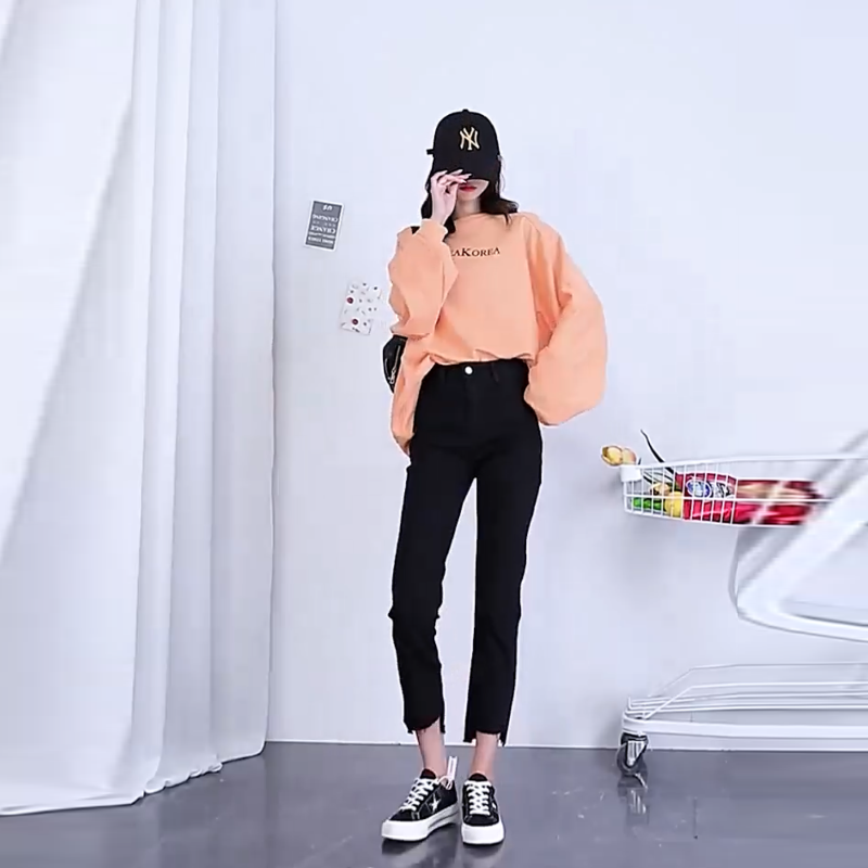 韓版東大門自訂大尺碼女裝 顯瘦褲子高腰彈力破洞牛仔褲女九分褲潮