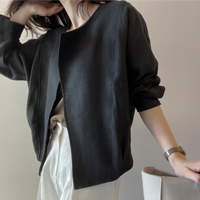 韓國chic 開襟 純色 簡約 薄款 袖口 開叉 長袖 短外套 罩衫外套