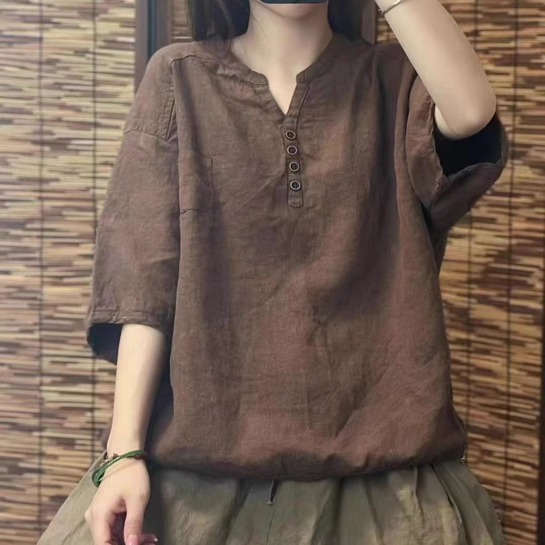 文藝 棉麻 刺繡 立領 寬鬆 百搭顯瘦 薄款 五分袖 襯衫