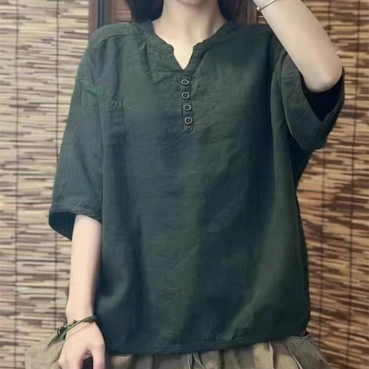 文藝 棉麻 刺繡 立領 寬鬆 百搭顯瘦 薄款 五分袖 襯衫