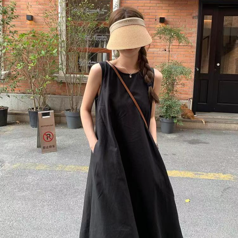 園遊會韓版氣質無袖踏青洋裝  寬鬆後背鏤空設計感圓領長款背心裙