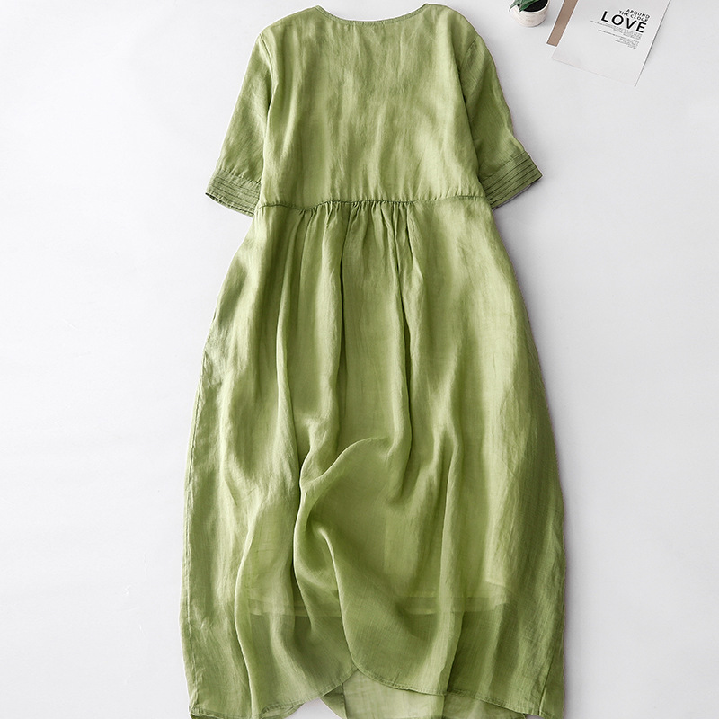 復古 設計感 風琴褶 洋裝 文藝 純色V領 苧麻 清涼 顯瘦 長裙