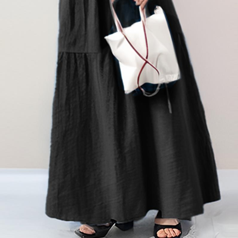 日系 純色顯瘦 燈籠袖 圓領 蛋糕裙 長款 休閒洋裝