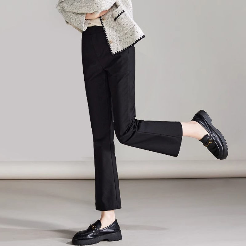 百搭時髦高腰顯瘦 彈力微喇 顯瘦 親膚 通勤 黑色 九分 休閒喇叭褲