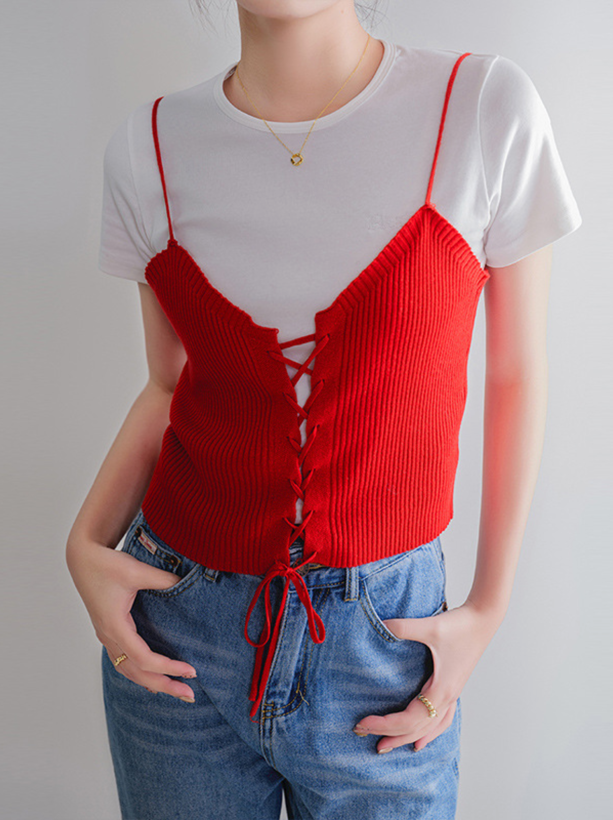 紅繩針織 設計感綁帶 細肩帶背心