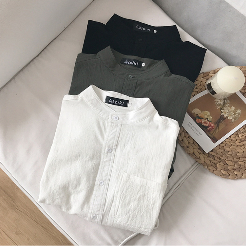 簡約 休閒 輕薄 文藝風 復古 單排扣 素面 立領 襯衫