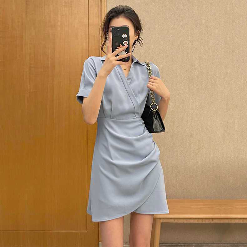 毆膩同款 韓國自訂 夏季設計感不規則褶皺開叉顯瘦襯衫洋裝