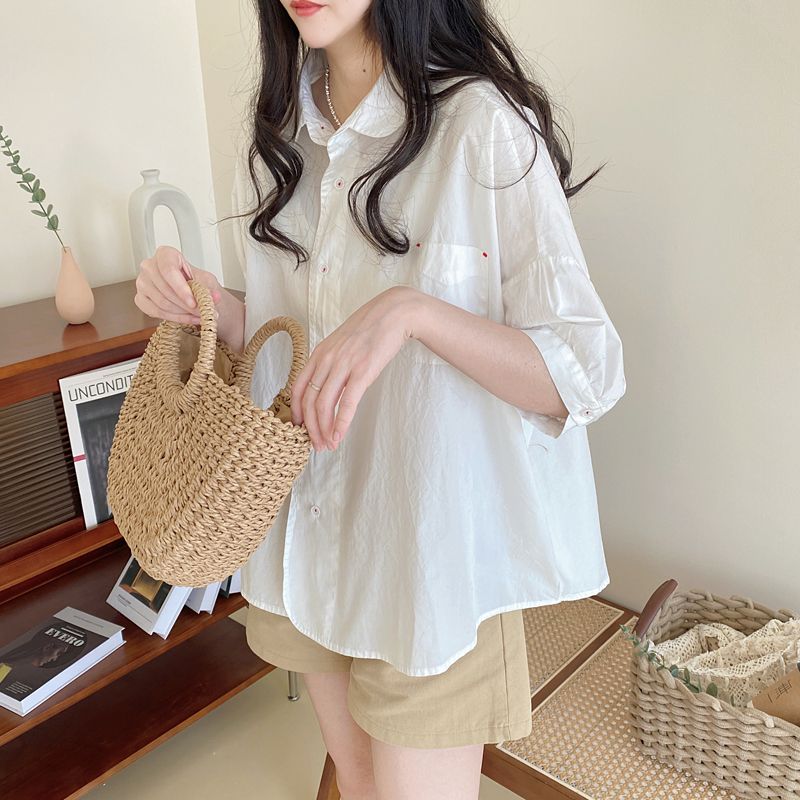 襯衫 時尚 夏季 薄款 娃娃領 A字 斗篷 純色 中袖 上衣