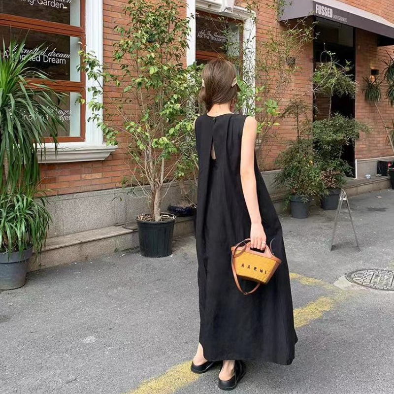 園遊會韓版氣質無袖踏青洋裝  寬鬆後背鏤空設計感圓領長款背心裙