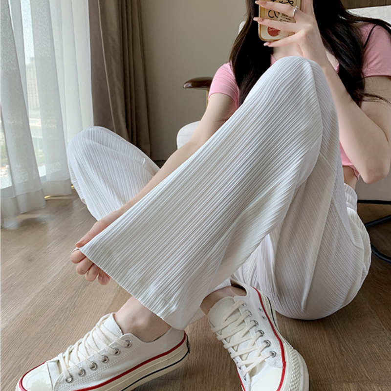 淺綠色 冰絲 闊腿褲 防蚊  高腰 垂感 窄版 直筒 涼涼褲 寬褲