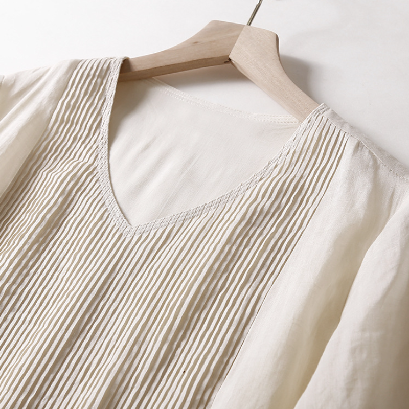 復古 設計感 風琴褶 洋裝 文藝 純色V領 苧麻 清涼 顯瘦 長裙