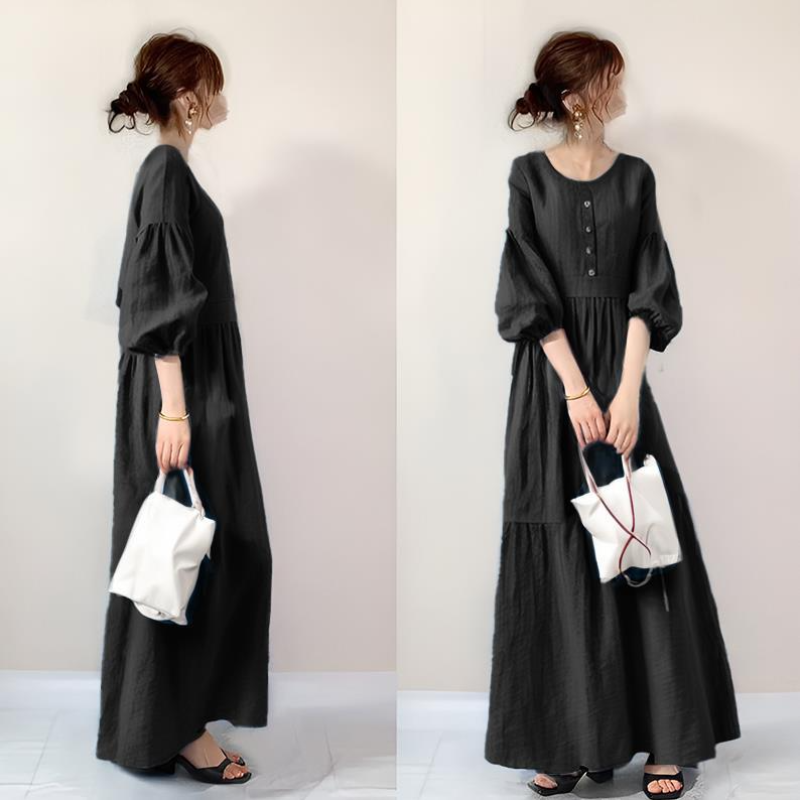 日系 純色顯瘦 燈籠袖 圓領 蛋糕裙 長款 休閒洋裝