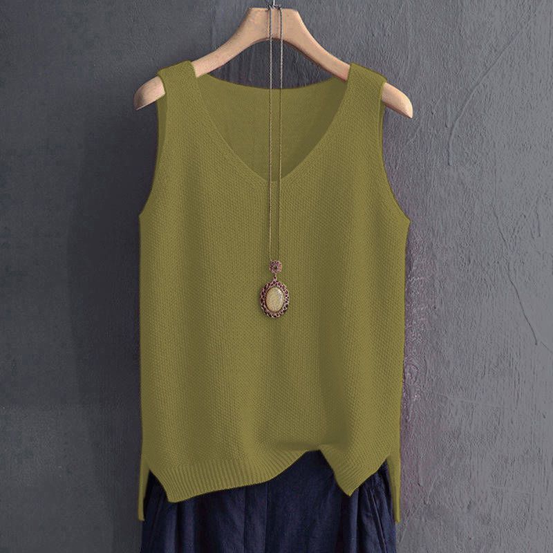 必備百搭款 棉麻 針織 寬鬆 V領 休閒 打底衫 無袖 背心