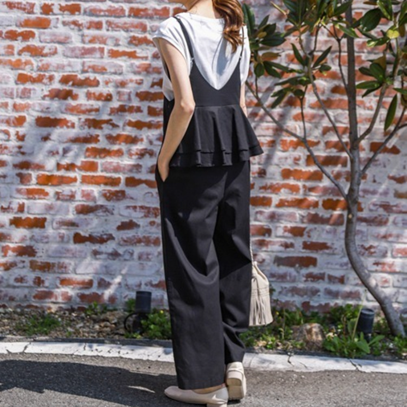 日系 時尚 时髦率性 視覺顯瘦 拼接 壓褶 休閒 吊帶褲