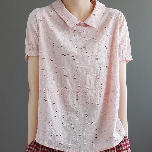 鏤空蕾絲文藝復古寬鬆顯瘦娃娃領短袖T恤 法式99支純細支亞麻襯衫