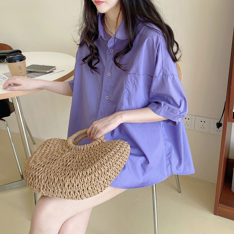 襯衫 時尚 夏季 薄款 娃娃領 A字 斗篷 純色 中袖 上衣