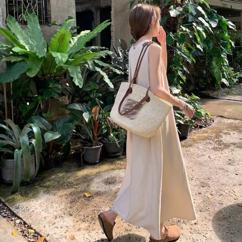 園遊會韓版氣質無袖踏青洋裝  寬鬆後背鏤空設計感圓領長款背心裙
