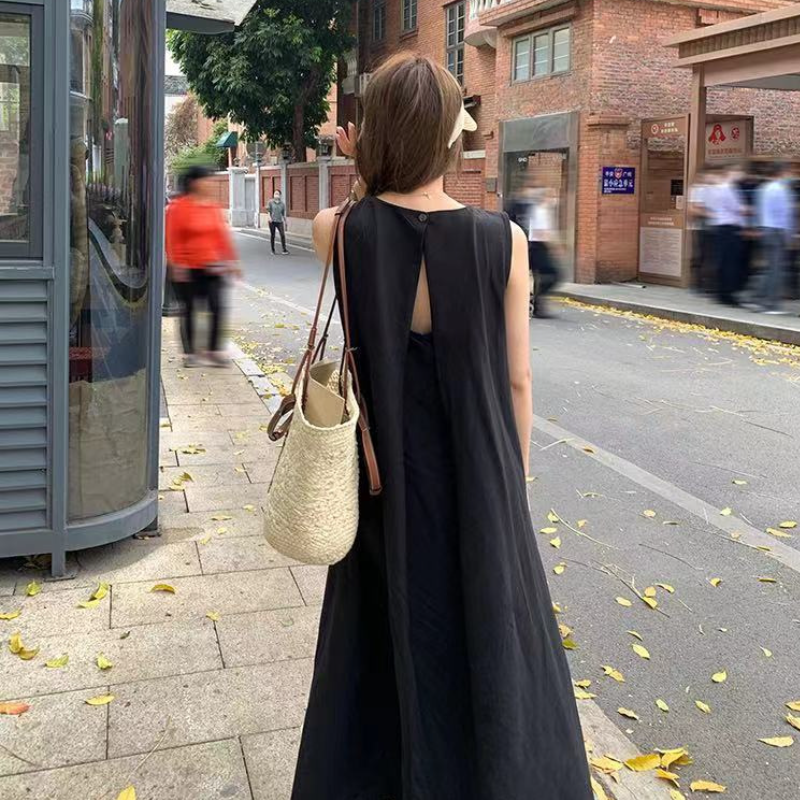 園遊會韓版氣質無袖踏青洋裝  寬鬆後背鏤空設計感圓領長款背心裙