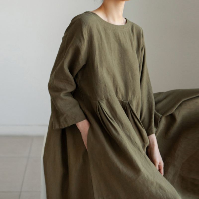 日韓版純色棉麻圓領寬鬆洋裝 寬鬆大碼韓版棉麻風純色過膝長裙大擺裙