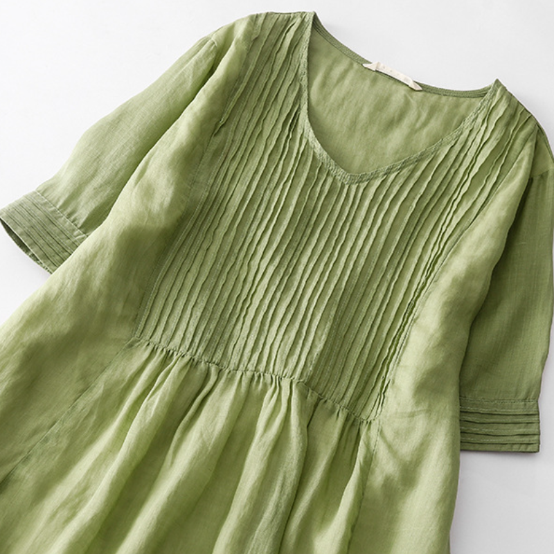 復古 設計感 風琴褶 洋裝 文藝 純色V領 苧麻 清涼 顯瘦 長裙